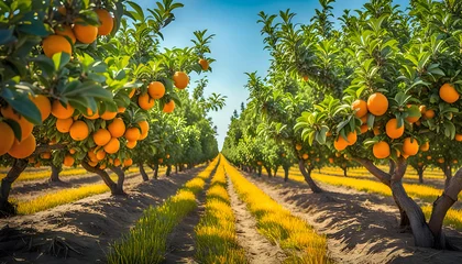 Wandcirkels aluminium Morning view of fruit bearing orange orchard with trees in USA, view of agricultural field, Orange trees, Natural example of farm with green field, Beauty in nature, Sustainable agriculture, © Perecciv