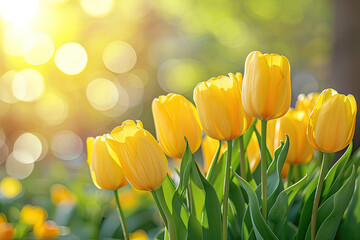 Yellow tulips in pastel coral tints at blurry background, closeup. Fresh spring flowers in the garden with soft sunlight for your horizontal floral poster, wallpaper or holidays card. - obrazy, fototapety, plakaty