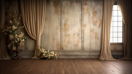 Elegant indoor setting with a soft curtain backdrop, creating a tranquil ambiance for timeless and captivating visuals