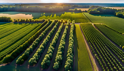 Fototapeta premium Morning view of fruit bearing orange orchard with trees in USA, view of agricultural field, Orange trees, Natural example of farm with green field, Beauty in nature, Sustainable agriculture,