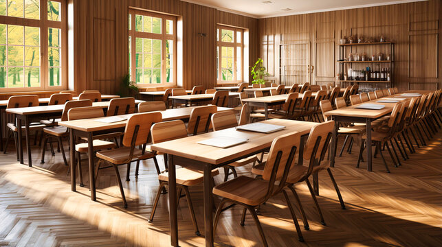 Educational Environment: Classroom Interior with Wooden Desks, Chairs, and a Focus on Learning.