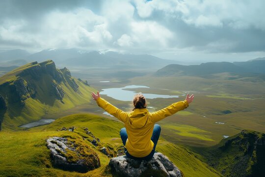Woman on top of mountain in Scotland, generativ ai