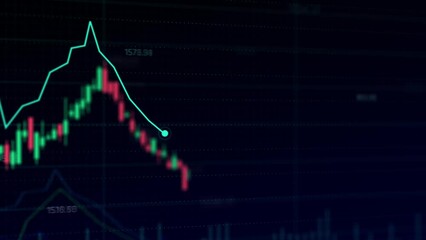 A trade market diagram appears on the screen along with candlestick charts in the background, illustrating the volatile world of forex and cryptocurrency trading. Charts and diagrams.