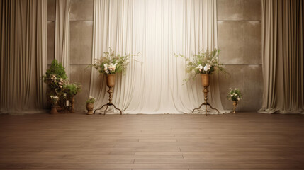 Elegant indoor setting with a soft curtain backdrop, creating a tranquil ambiance for timeless and captivating visuals