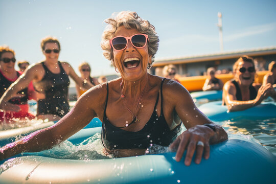 A spirited senior woman leading a group in a water aerobics class, showcasing the commitment to physical fitness and well-being in later years.
