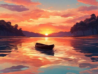 Serenity Reflections: AI-Infused Art Capturing Nature's Tranquil Beauty in a Sunset Over the Water, Creating an Enchanting Background of Calm Waters and Warm Hues