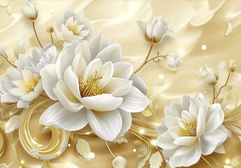 white flowers on a gold background, in the style of charming illustrations, 32k uhd, birds & flowers, modern jewelry, festive atmosphere, asymmetric designs.
