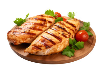 grilled chicken breasts with vegetables on a wooden board isolated on a transparent background