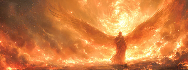 A man with large, white wings stands in the middle of a raging fire. He is wearing a white robe and has long, flowing hair. - obrazy, fototapety, plakaty