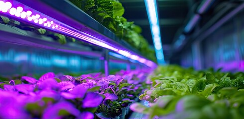 Hydroponics under purple LED lighting. Advanced agricultural technology concept.