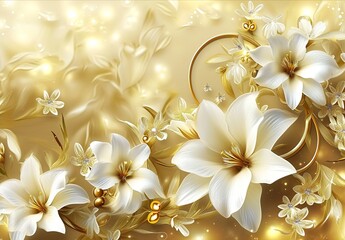 white flowers on a gold background, in the style of charming illustrations, 32k uhd, birds & flowers, modern jewelry, Festive atmosphere, asymmetric designs.