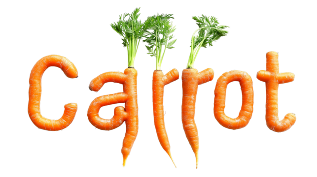 The word Carrot composed of orange carrots isolated on a transparent background 