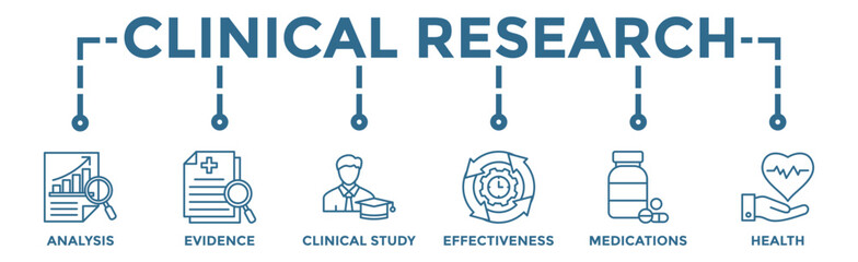 Clinical research banner web icon vector illustration concept with icon of analysis, evidence, clinical study, effectiveness, medications and health - obrazy, fototapety, plakaty