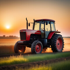 Tractor in a field against the background of sunrise