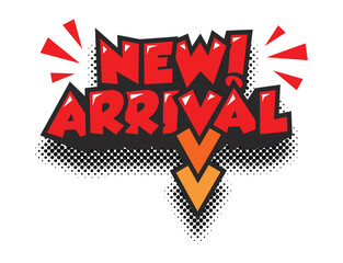 New arrival product tag with arrow in comic style. Advertising vector sticker on transparent background