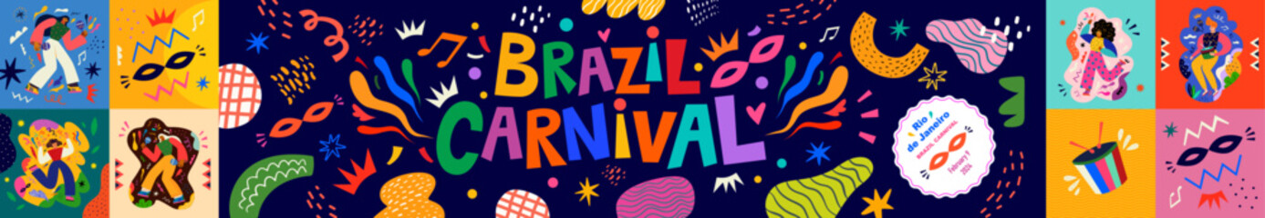 Carnival party cards collection. Design for Brazil Carnival. Decorative illustration with dancing people. 