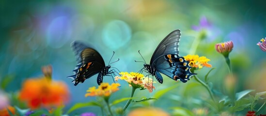 Fototapeta na wymiar Gorgeous butterflies gracefully flutter on colorful flowers, embraced by nature's beauty.