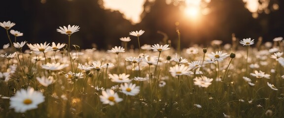 The landscape of white daisy blooms in a field, with the focus on the setting sun. The grassy meadow