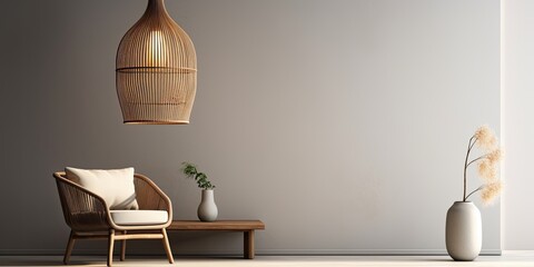 an elegant interior with designer chair and rattan pendant lamp. - obrazy, fototapety, plakaty