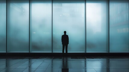 Fototapeta na wymiar a man standong in front of foggy windows sad from job cuts.