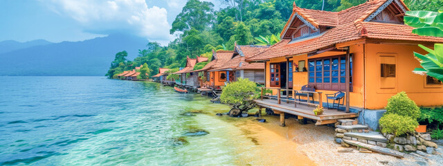 A row of brightly colored houses sits along the shore of a tranquil lake. The houses are painted in various shades of blue, green, yellow, and pink, and their white trim gleams in the sunlight. 