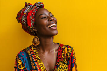 Obraz premium Happy smiling african woman in yellow clothes next to yellow background