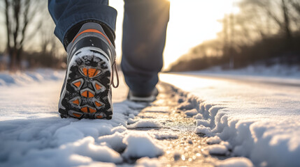 Les semelles de chaussures d'une personne marchant sur une route couverte de neige fondante, éclairée par le soleil hivernal. - obrazy, fototapety, plakaty
