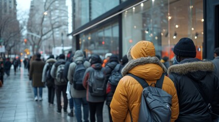 A long line of unemployed people waiting for help in a cold city.
