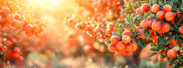 A cluster of velvety peaches basks in the soft embrace of sunlight, their blushed skin and fuzzy halos glowing against a dreamy, blurred backdrop.