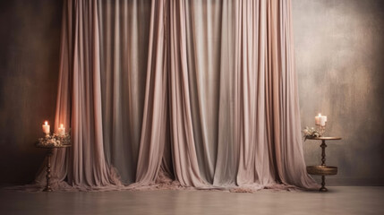 Elegant indoor setting with a soft curtain backdrop, creating a tranquil ambiance for timeless and captivating visuals