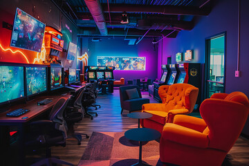 Depict a modern gaming lounge designed for comfort and social interaction - featuring ambient lighting and multiple gaming stations. 