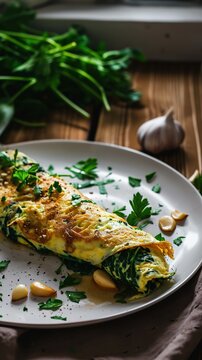 Savory spinach omelette garnished with parsley, . Perfect for culinary websites and recipe blogs.
