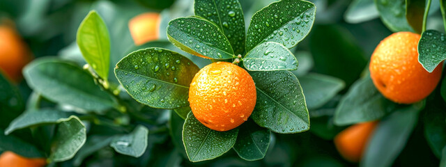 A close-up photo of several bright orange citrus fruits hanging from a tree branch, with glossy green leaves glistening with water droplets. - obrazy, fototapety, plakaty