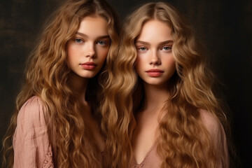 Portrait of happy twins women with perfect skin and natural make-up and long hair - obrazy, fototapety, plakaty