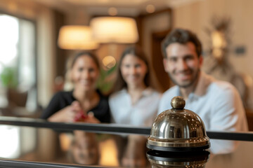 Closeup photo of bell for staff at hotel reception desks and happy family defocused in background. Family travel or hotel check-in concept