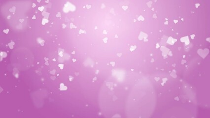 White hearts fall like snow on a soft pink background with bright bokeh. Emotional romantic holiday looping animation for text. Saint Valentine's Day.