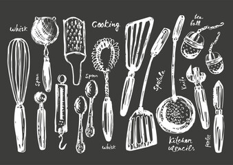 Hand drawn kitchen utensils set, chalk sketch - obrazy, fototapety, plakaty
