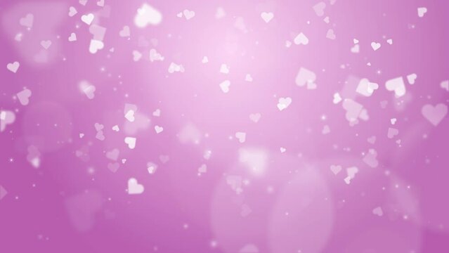 White hearts fall like snow on a soft pink background with bright bokeh. Emotional romantic holiday looping animation for text. Saint Valentine's Day.