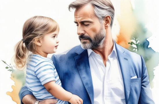 bearded caucasian male holding little girl in his arms. fatherhood, family, watercolor illustration.