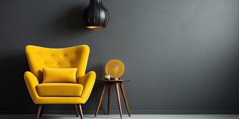 Bright yellow chair on dark gray wall, stylish and fashionable interior. - obrazy, fototapety, plakaty