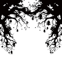 tree, nature, vector, illustration, silhouette, branch, leaf, design, plant, floral, black, flower, art, drawing, decoration, pattern, spring, bird, element, season, frame, forest, leaves, old, trunk,