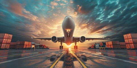 Airplane with carco shipping for transport and delivery in concept transport and shipping airfreight