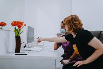 In a modern dental office, a dentist and a young patient engage in a collaborative consultation, exploring new tooth shades and discussing treatment options using a computer