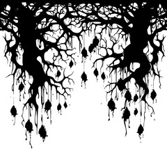 tree, nature, vector, illustration, silhouette, branch, leaf, design, plant, floral, black, flower, art, drawing, decoration, pattern, spring, bird, element, season, frame, forest, leaves, old, trunk,