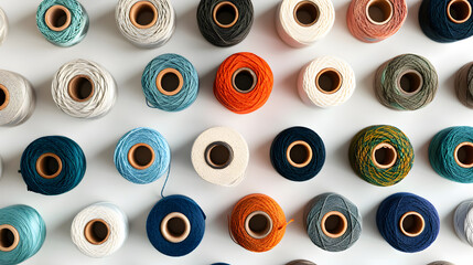 Spool of sewing thread, isolated on white background Colored yarns background