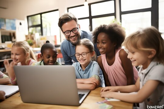 Group of children with male teacher using laptop together in modern school classroom.