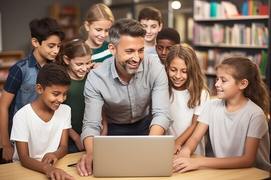 Group of children with male teacher using laptop together in modern school classroom.