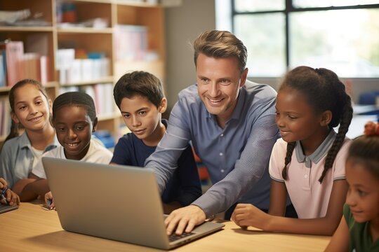 Group Of Children With Male Teacher Using Laptop Together In Modern School Classroom.