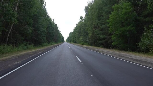 POV Driving along a wide, empty road early in the morning, surrounded by forest in cloudy weather. Point of view driving, view from inside the car. High quality 4k footage