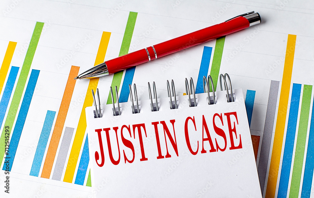 Poster just in case text on a notebook with chart and pen business concept